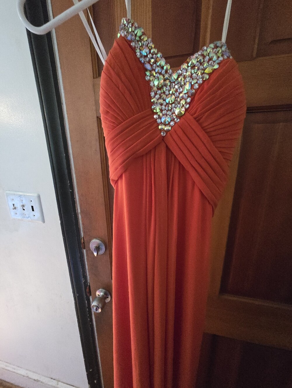 JVN by Jovani Orange Strapless Evening Gown with Crystal V-Bodice